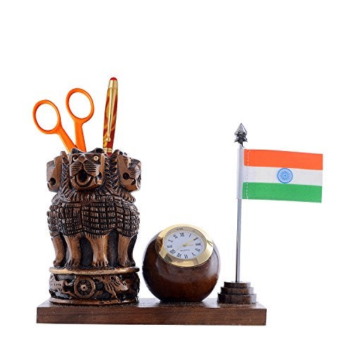 Craft Trade Wooden Pen Stand With Clock - Ashok Stambh Pillar And National Flag Pencil Holder Office Decor Table Decoration Desk Organizer, Stationary, Dark Brown - Image 1