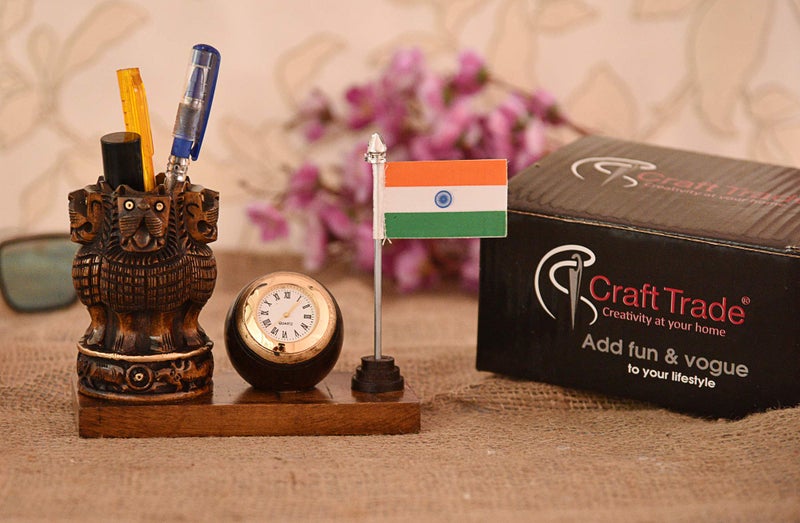 Craft Trade Wooden Pen Stand With Clock - Ashok Stambh Pillar And National Flag Pencil Holder Office Decor Table Decoration Desk Organizer, Stationary, Dark Brown - Image 5