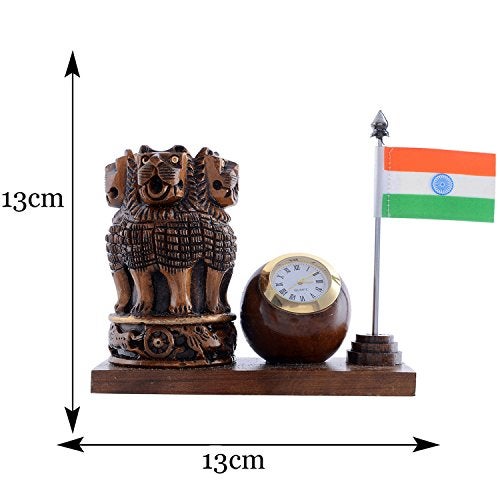Craft Trade Wooden Pen Stand With Clock - Ashok Stambh Pillar And National Flag Pencil Holder Office Decor Table Decoration Desk Organizer, Stationary, Dark Brown - Image 4