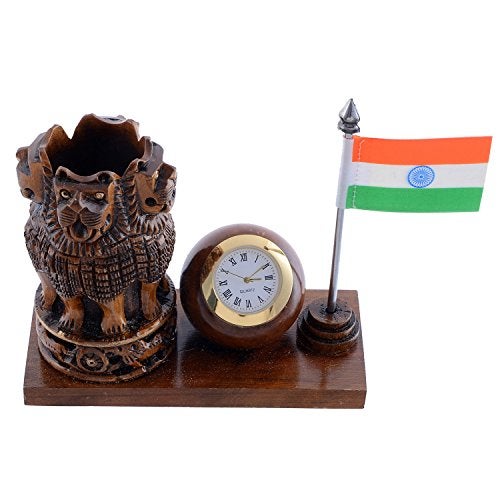 Craft Trade Wooden Pen Stand With Clock - Ashok Stambh Pillar And National Flag Pencil Holder Office Decor Table Decoration Desk Organizer, Stationary, Dark Brown - Image 3