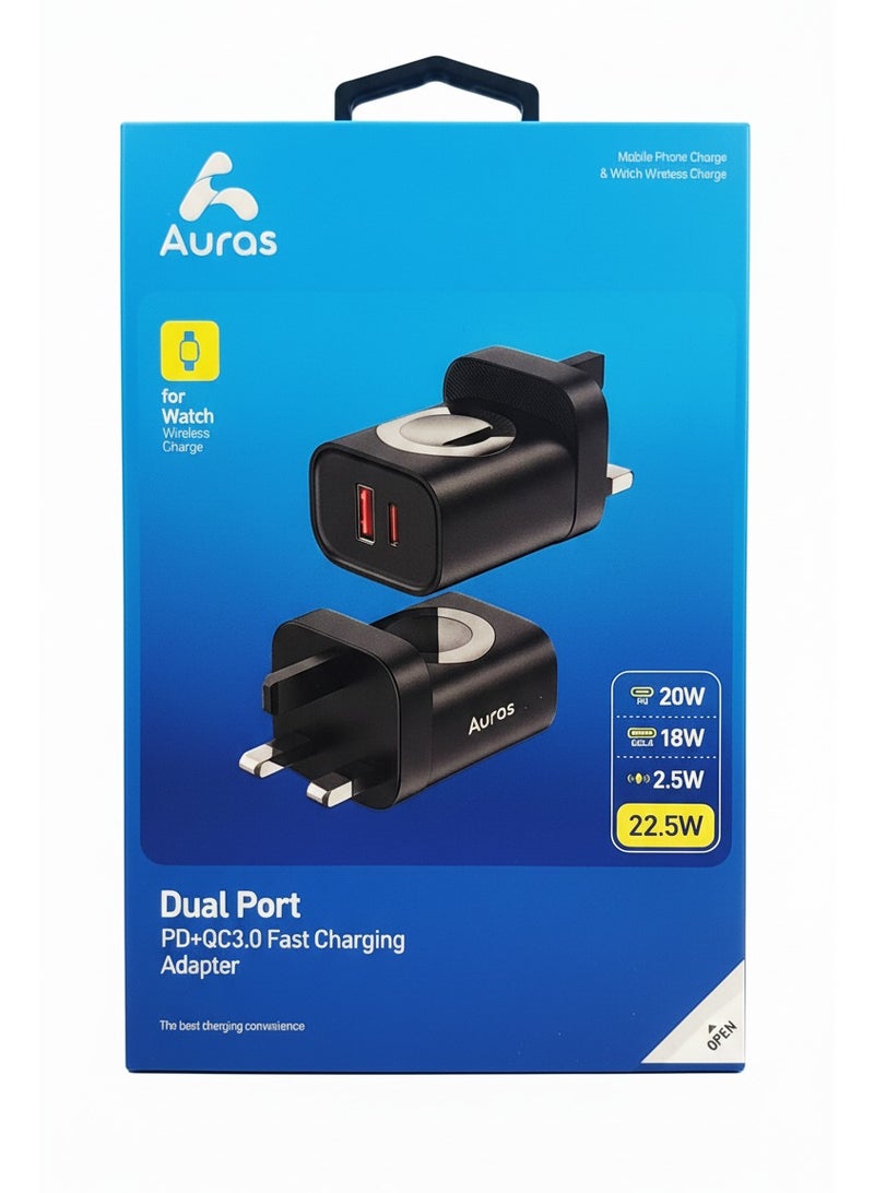 AUras Dual Port PD+QC3.0 Fast Charging Adapter with Integrated Wireless Watch Charger - 22.5W Total Output - Image 2