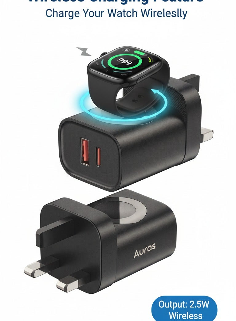 AUras Dual Port PD+QC3.0 Fast Charging Adapter with Integrated Wireless Watch Charger - 22.5W Total Output - Image 1