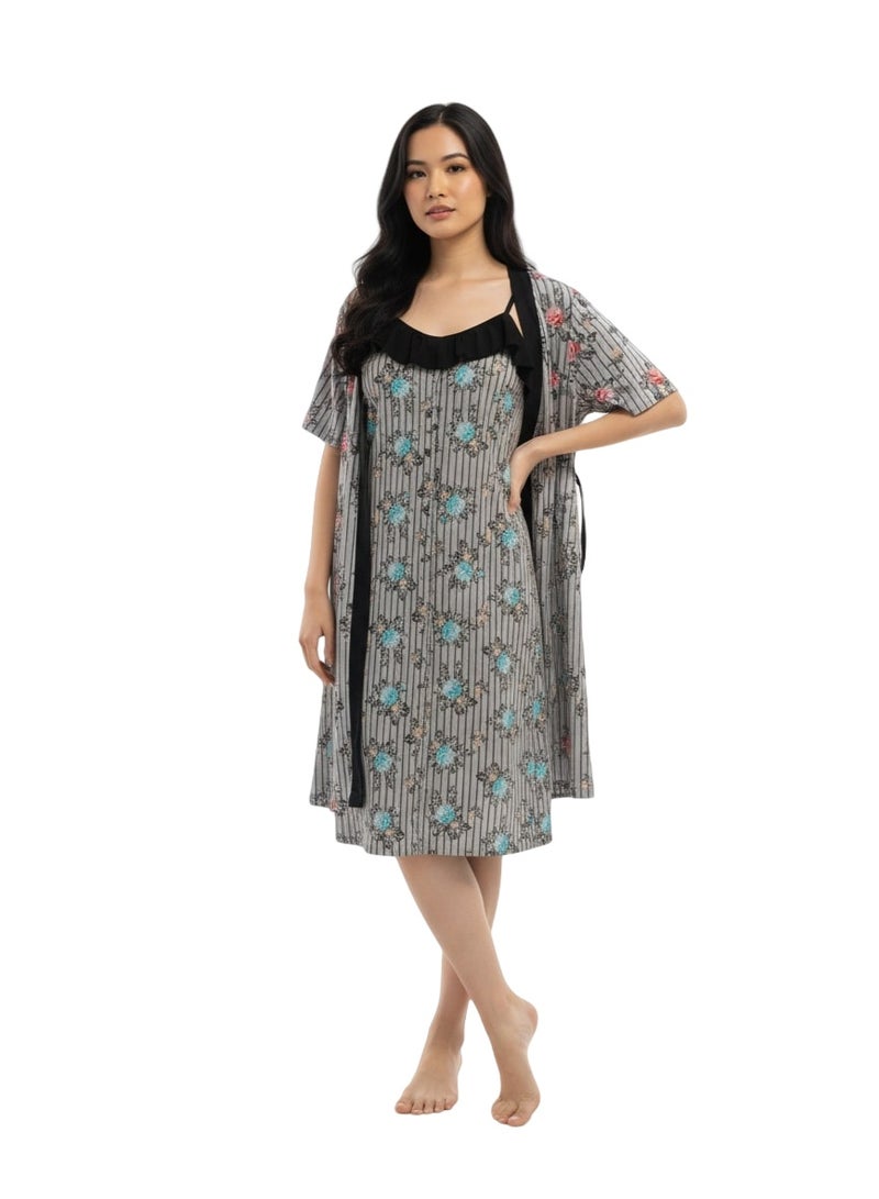 جوانا طقم نوم نسائي مكون من قطعتين بتصميم زهور، روب بنصف كم مع توب حمالات وحزام خصر قابل للإزالة - وردي غامق - مقاس XL - Image 2