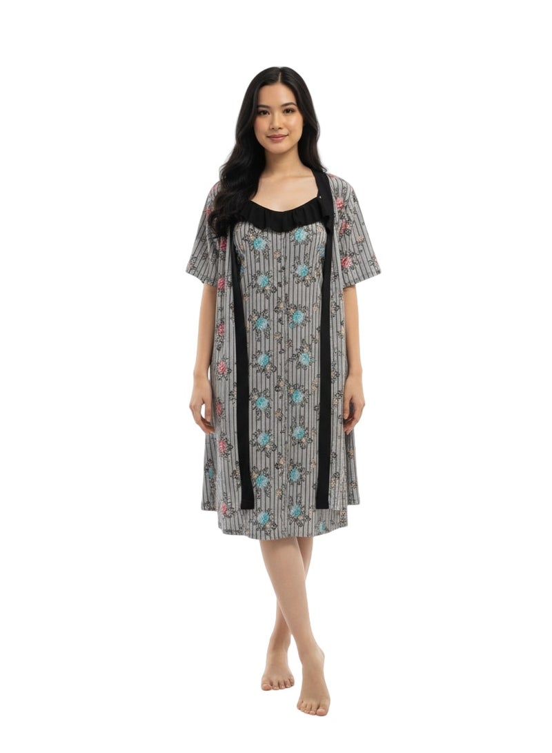 جوانا طقم نوم نسائي مكون من قطعتين بتصميم زهور، روب بنصف كم مع توب حمالات وحزام خصر قابل للإزالة - وردي غامق - مقاس XL - Image 1