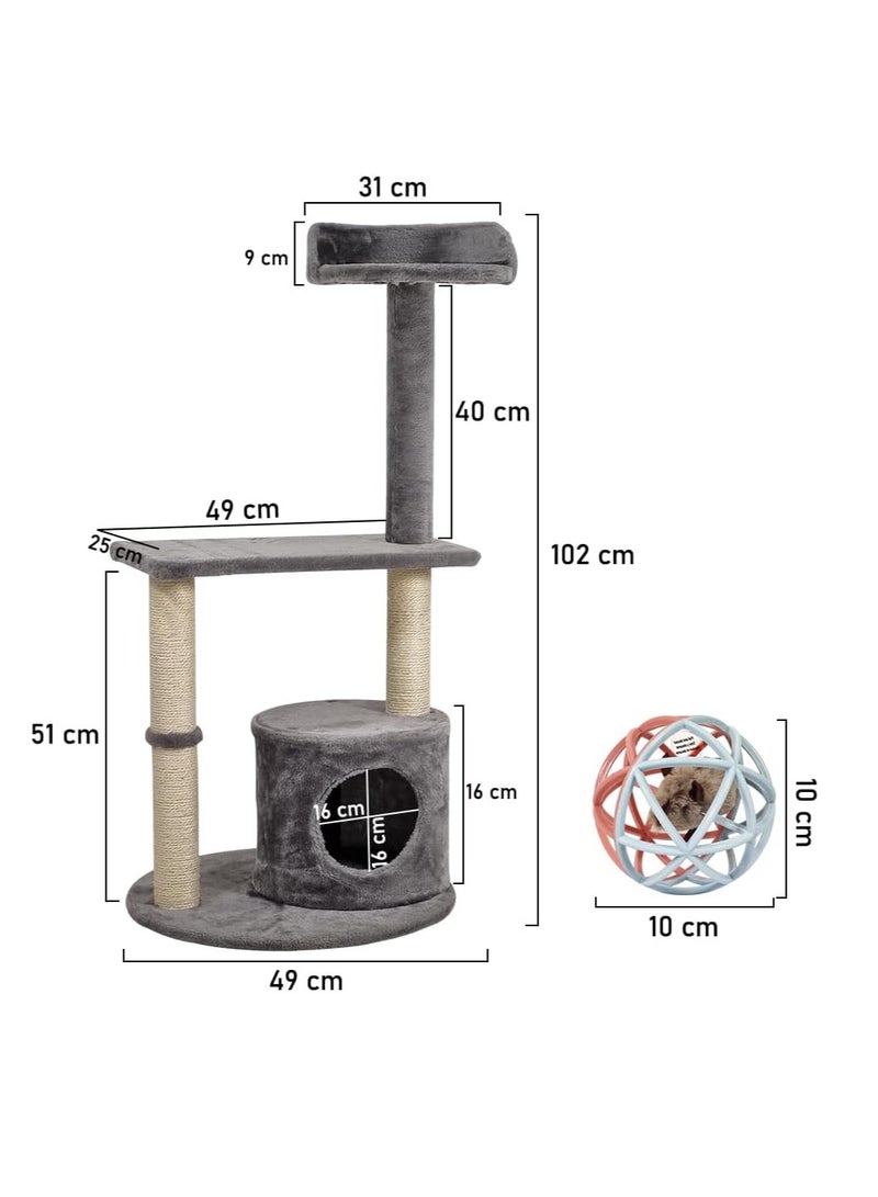أن ان سي بيتس مركز أنشطة شجرة القطط للقطط الداخلية، شجرة قطط متينة مع لعبة قطط تفاعلية، مجثم علوي، عمود خدش من السيزال، وشقة قطط مريحة، برج قطط متعدد الوظائف، سهل التجميع 102 سم (رمادي) - Image 2