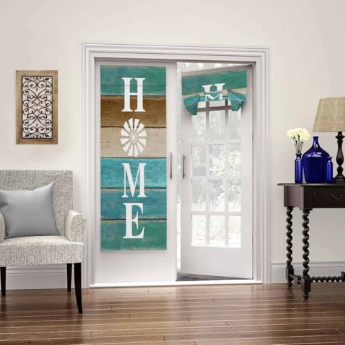 BEMIGO French Door Curtains for Windows, Vintage Windmill Wood Front Door Window Curtains for Glass, Farmhouse Retro Privacy Tie Up Blinds Thermal Insulated Shades 26 x 70 inch,Green Brown - Image 1