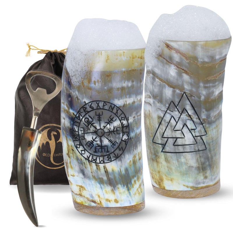 OLDEMPEROR Viking Drinking Horn Cups Set of 2 with Bottle Opener 8oz Unique Tumbler Genuine Ox Horns Viking Gifts for Men  Women Handmade Engraved Shine Finish Compass  Valknut