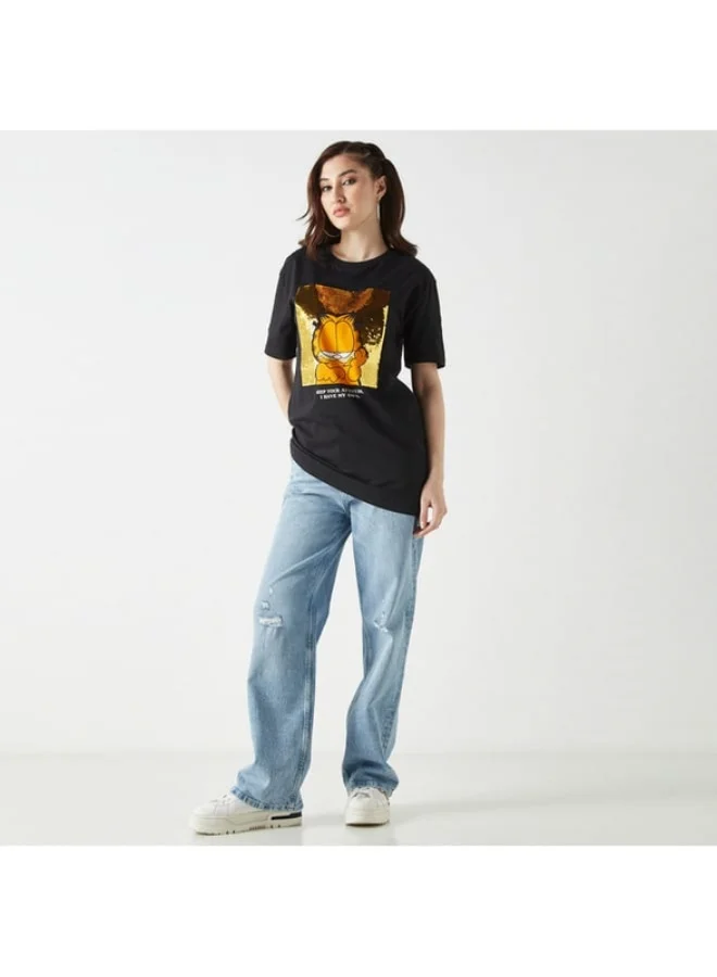 SP Characters Garfield Embellished T-Shirt with Crew Neck and Short Sleeves