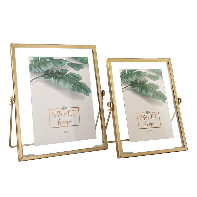 MKUN Set of 2 Glass Picture Frames Floating effect Gold Metal Geometric photo Frame with real Glass Cover 4x 4 5 x 7 Gold 5X74X6