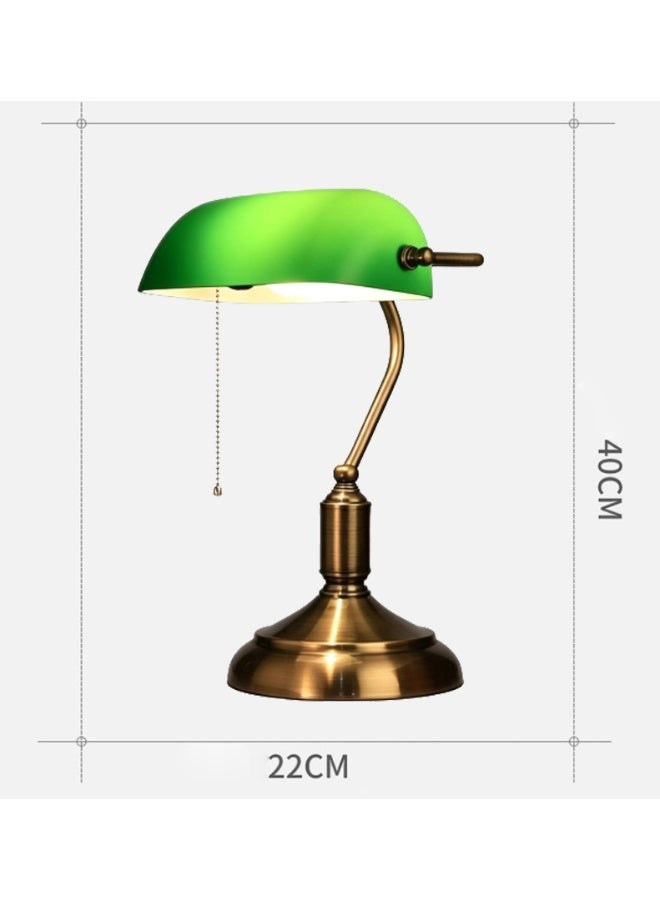 مصباح مكتبي زجاجي أخضر عتيق بقاعدة برونزية ومفتاح سحب، E27 - Image 3