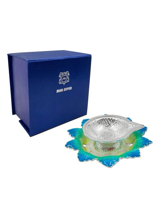 MAA SILVER Pure Silver Diya with Yellowish Blue Colour Enamel & Flower Shape Base BIS Hallmarked Perfect for Gift and Pooja Use (92.5 Purity)(20 Grams Silver) - Image 4