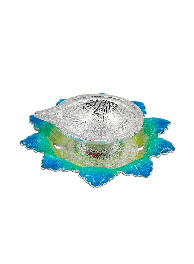 MAA SILVER Pure Silver Diya with Yellowish Blue Colour Enamel & Flower Shape Base BIS Hallmarked Perfect for Gift and Pooja Use (92.5 Purity)(20 Grams Silver) - Image 3