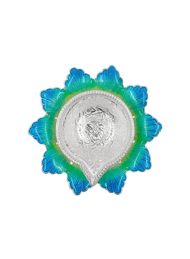 MAA SILVER Pure Silver Diya with Yellowish Blue Colour Enamel & Flower Shape Base BIS Hallmarked Perfect for Gift and Pooja Use (92.5 Purity)(20 Grams Silver) - Image 2