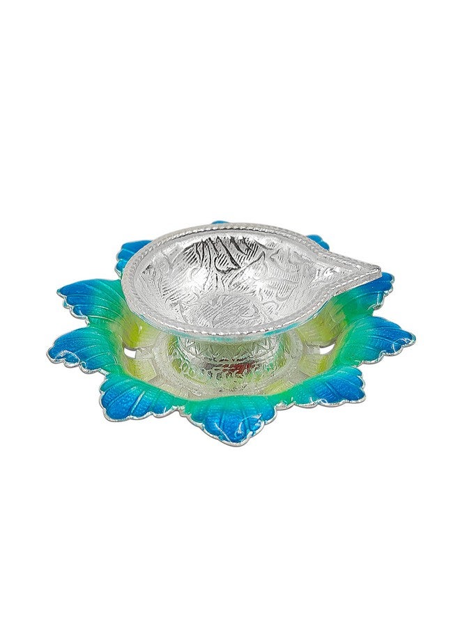 MAA SILVER Pure Silver Diya with Yellowish Blue Colour Enamel & Flower Shape Base BIS Hallmarked Perfect for Gift and Pooja Use (92.5 Purity)(20 Grams Silver) - Image 1