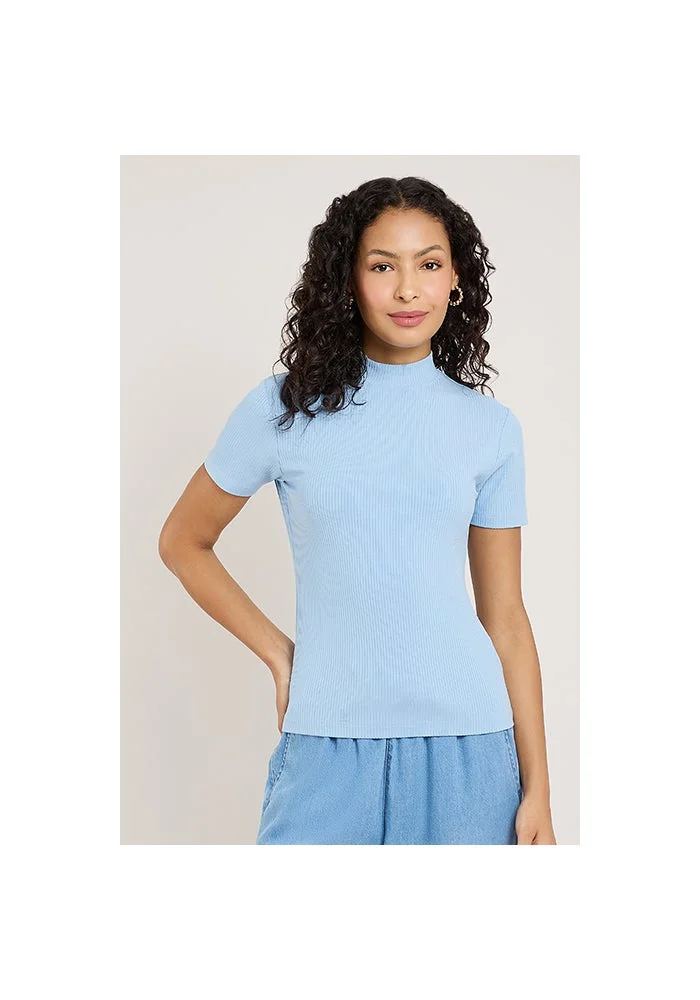 R&b Ribbed Top with High Neck and Short Sleeves