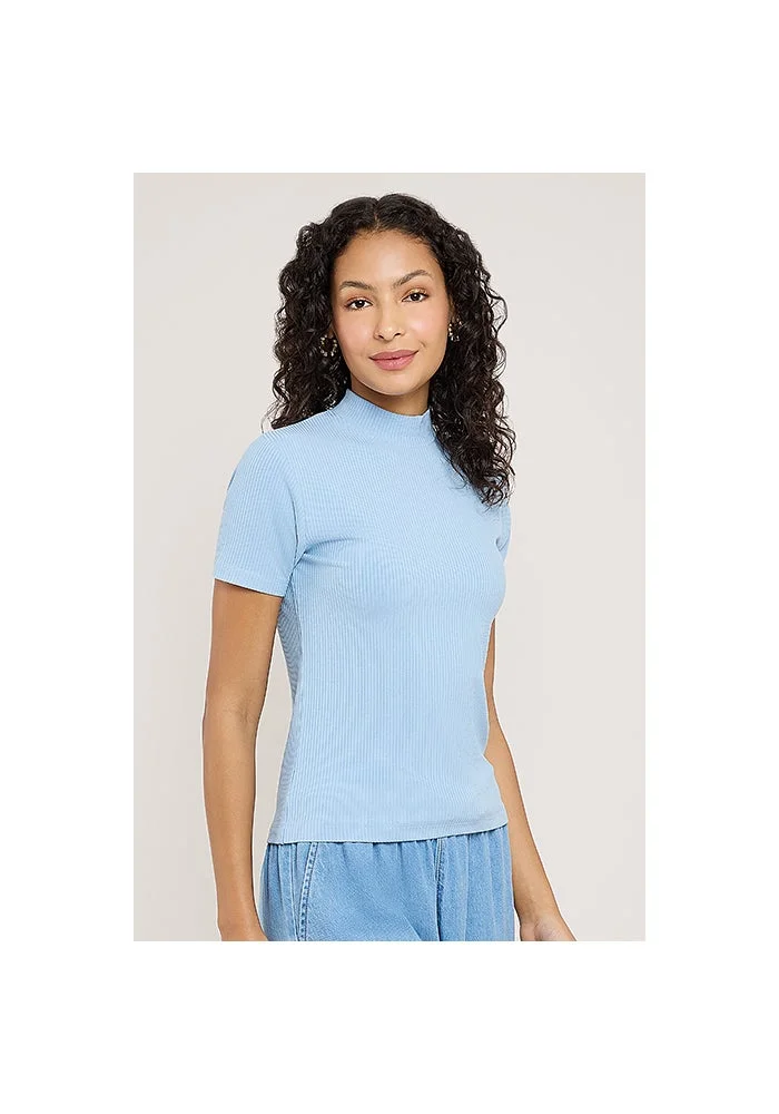 R&b Ribbed Top with High Neck and Short Sleeves