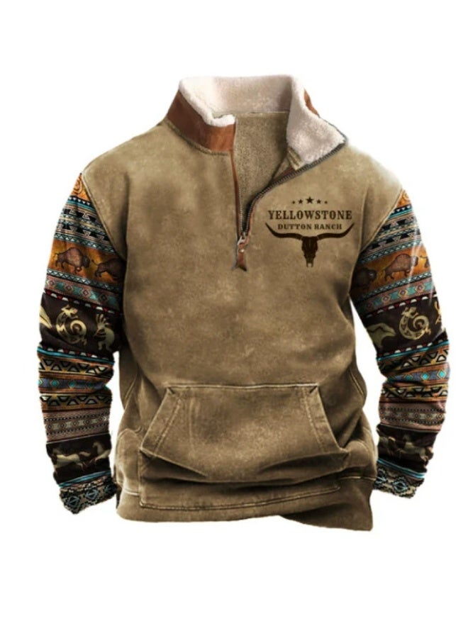 general HOTYD Men's 1/4 Zip Fleece Stand Collar Sweatshirt Aztec Pattern Oversized Long Sleeve Pullover Hoodie - Image 1