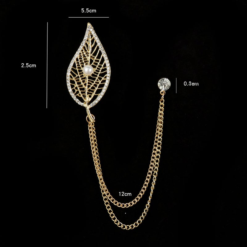European and American Fashion Eagle Glasses Mens Chain Brooch Suit Accessories Personality Evening Long Coat Pin Badge Pearl leaf gold