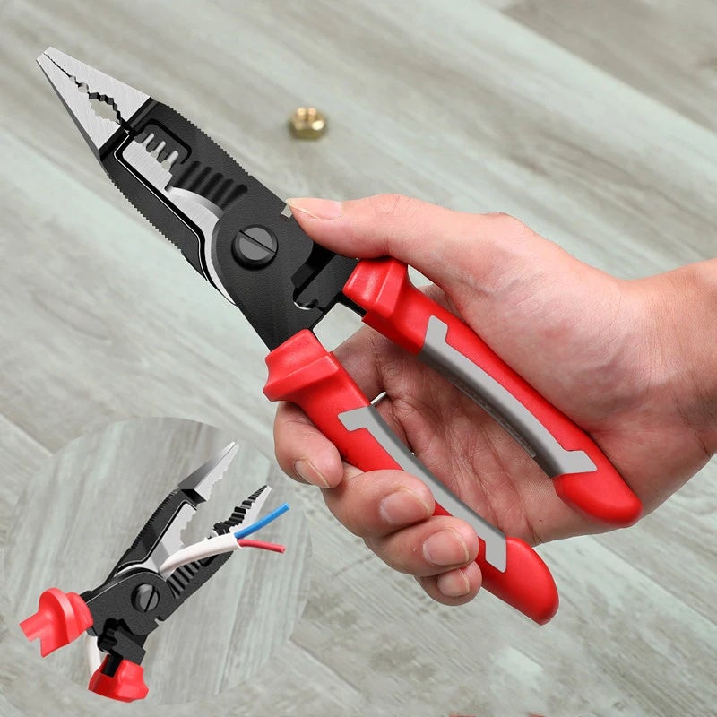 Multifunctional Electrician Pliers: 6 In 1 Red High-precision Stripping Cutting Crimping Tool - Fast Tight Crimping Non-slip Flower Tooth Design Long Nose Pliers for Electricians and DIY Home Electric - Image 3