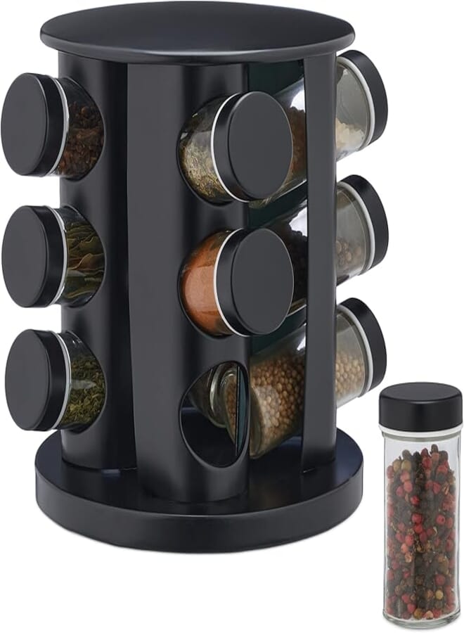 Carousel with 12 Jars, Includes Shaker Insert, Rotatable, Refillable Spice Rack for Kitchen, Black, 70% stainless steel 30% glass, Gewürzdosen