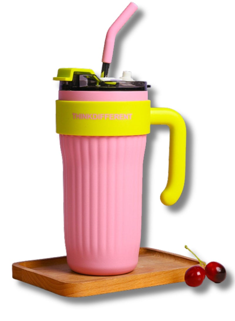 Twisoo Insulated Tumbler with Handle and Straw Lid, Stainless Steel Coffee Mug Portable Coffee Tumbler Leak-Proof Coffee Cup Travel Mug Hot and Cold BPA-Free Fit in Car Cup Holder 860ml (Pink) - Image 1