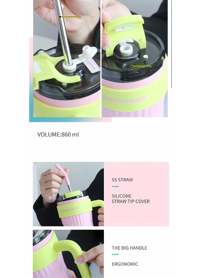 Twisoo Insulated Tumbler with Handle and Straw Lid, Stainless Steel Coffee Mug Portable Coffee Tumbler Leak-Proof Coffee Cup Travel Mug Hot and Cold BPA-Free Fit in Car Cup Holder 860ml (Pink) - Image 2