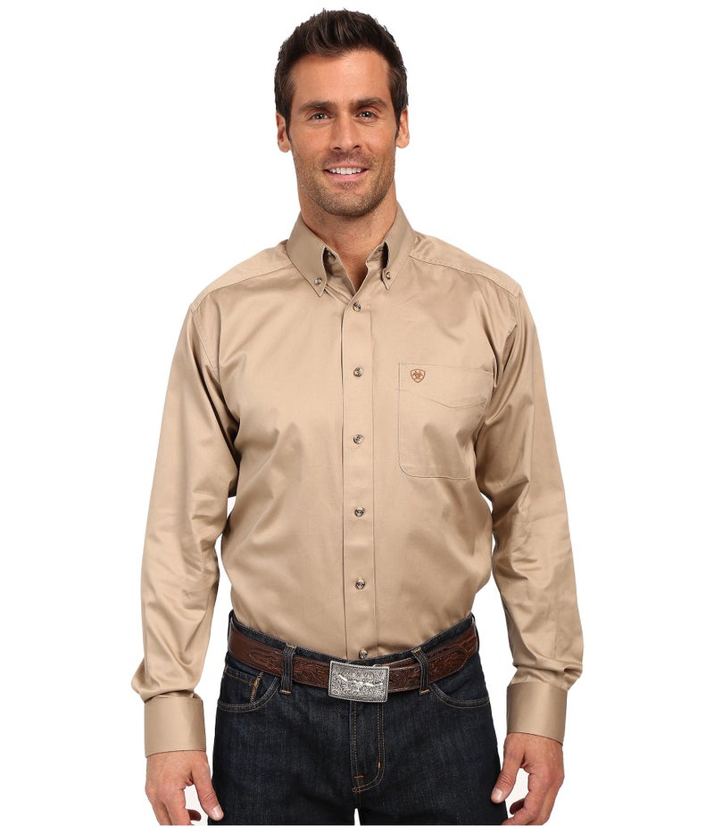 Ariat Solid Twill Classic Fit Shirt-Men's Long Sleeve Western Button-Down, Khaki, Small - Image 1