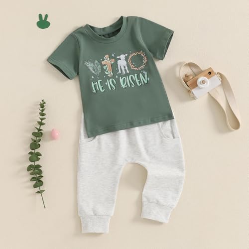 Frietlebird Baby Boy Easter Outfit Letters Short Sleeve T-shirt and Pants Sets My First Easter Baby Boy Outfit (A-Green,12-18 Months) - Image 2
