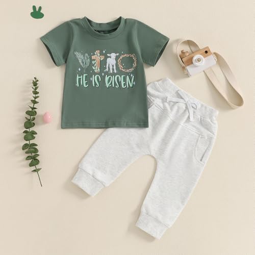 Frietlebird Baby Boy Easter Outfit Letters Short Sleeve T-shirt and Pants Sets My First Easter Baby Boy Outfit (A-Green,12-18 Months) - Image 3