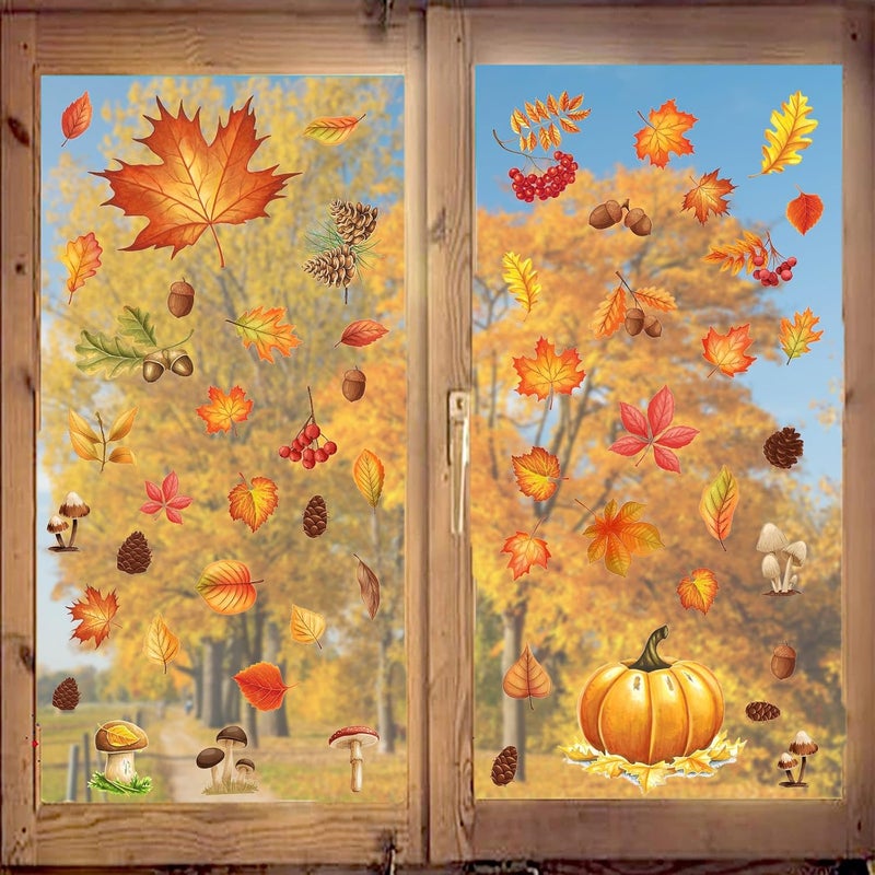 Afmivs Fall Window Clings for Glass Windows, 71pcs Autumn Window Clings Maple Leaf Pumpkin Window Sticker Thanksgiving Decor, 7 Sheets Fall Decorations for Classroom Office Home Indoor Clearance Party - Image 1