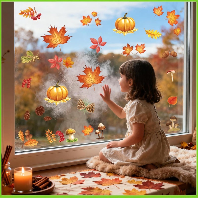 Afmivs Fall Window Clings for Glass Windows, 71pcs Autumn Window Clings Maple Leaf Pumpkin Window Sticker Thanksgiving Decor, 7 Sheets Fall Decorations for Classroom Office Home Indoor Clearance Party - Image 2