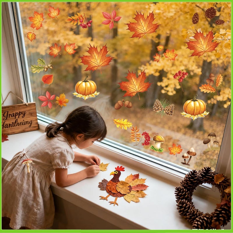 Afmivs Fall Window Clings for Glass Windows, 71pcs Autumn Window Clings Maple Leaf Pumpkin Window Sticker Thanksgiving Decor, 7 Sheets Fall Decorations for Classroom Office Home Indoor Clearance Party - Image 4