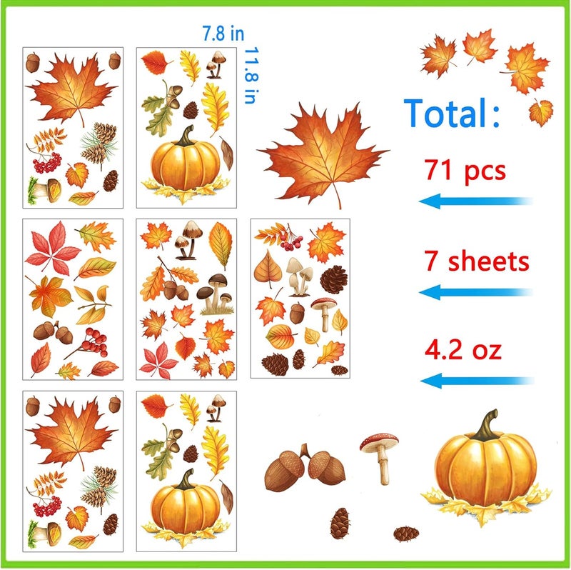 Afmivs Fall Window Clings for Glass Windows, 71pcs Autumn Window Clings Maple Leaf Pumpkin Window Sticker Thanksgiving Decor, 7 Sheets Fall Decorations for Classroom Office Home Indoor Clearance Party - Image 3