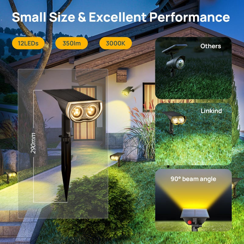 Linkind StarRayS-2 Solar Garden Light, 3000 K Warm White LED Solar Spotlight, Auto On/Off, IP65 Weatherproof 350 Lm Outdoor Solar Wall Light for Tree, Flower Pot, 2 Mounting, Small LED Solar - Image 2