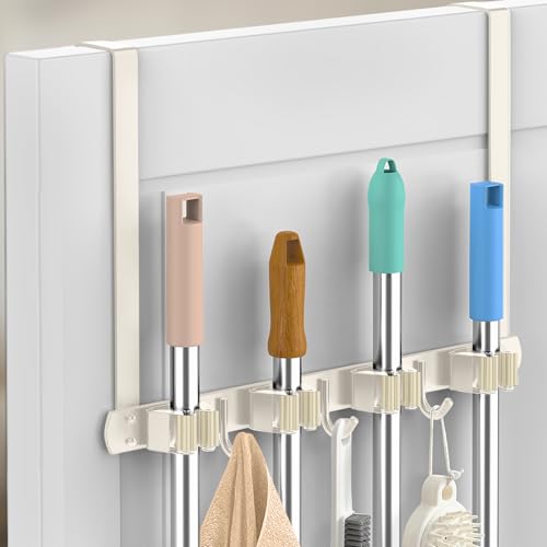 PrimZooty Broom Holder Over The Door - 304 Stainless Steel Mop and Broom Holder Wall Mounted or Hanging Over The Door with Hooks - Broom Hanger, Broom Storage Tool Organizer for Closet Laundry - light beige - Image 1