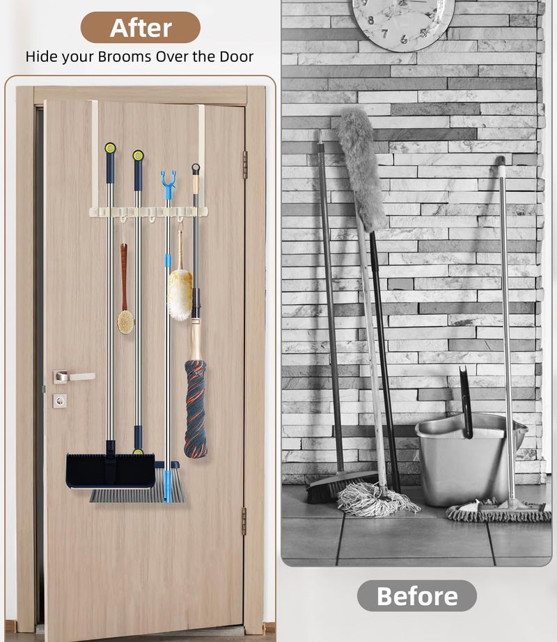 PrimZooty Broom Holder Over The Door - 304 Stainless Steel Mop and Broom Holder Wall Mounted or Hanging Over The Door with Hooks - Broom Hanger, Broom Storage Tool Organizer for Closet Laundry - light beige - Image 2