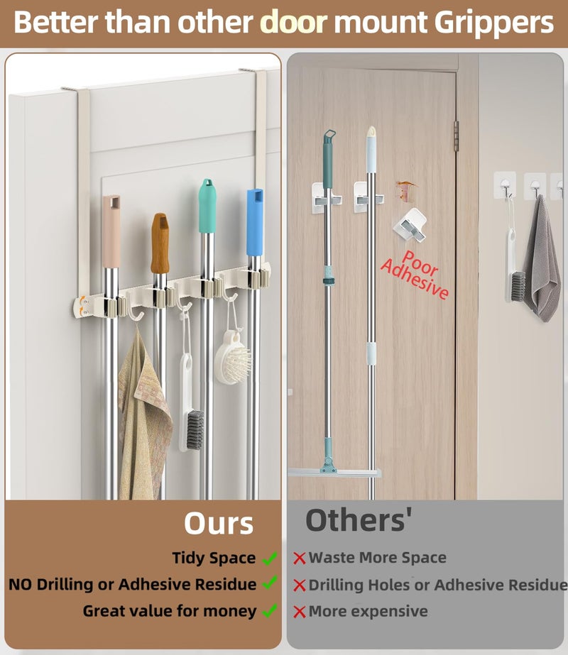 PrimZooty Broom Holder Over The Door - 304 Stainless Steel Mop and Broom Holder Wall Mounted or Hanging Over The Door with Hooks - Broom Hanger, Broom Storage Tool Organizer for Closet Laundry - light beige - Image 5