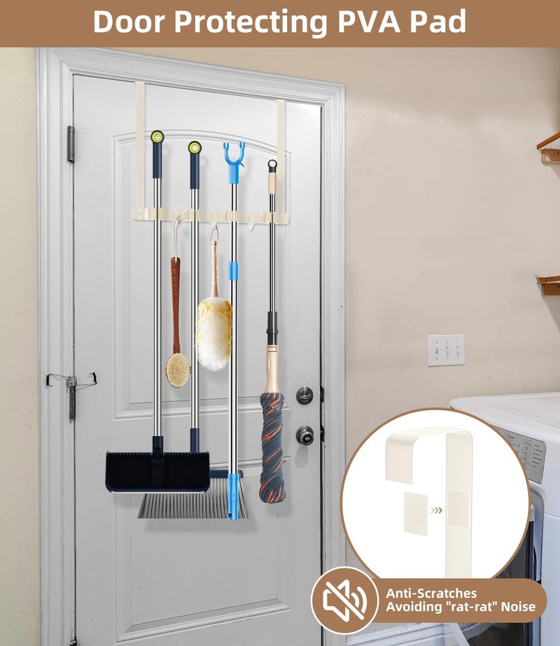 PrimZooty Broom Holder Over The Door - 304 Stainless Steel Mop and Broom Holder Wall Mounted or Hanging Over The Door with Hooks - Broom Hanger, Broom Storage Tool Organizer for Closet Laundry - light beige - Image 3