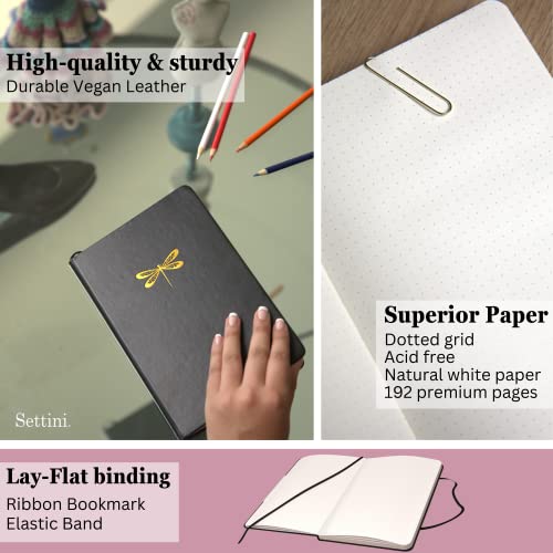 SETTINI Dotted Journal, Ideal for Bullet Journaling - A5 Vegan Leather Notebook, 192 Archival-Quality Pages, QuillEase Bleed-Free Paper, Inner Pocket & Bookmark - Christmas Gifts, Black Dragonfly - Image 3