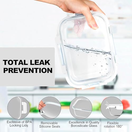 VERONES 10Pack Glass Meal Prep Containers, Airtight Glass Lunch Containers,Stackable Food Storage Containers Set with Lids,Exclusive of BPA, for Microwave,Oven, Freezer&Dishwasher Friendly,White - Image 3