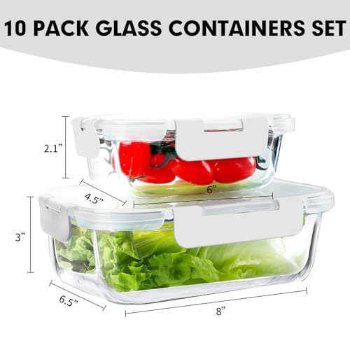 VERONES 10Pack Glass Meal Prep Containers, Airtight Glass Lunch Containers,Stackable Food Storage Containers Set with Lids,Exclusive of BPA, for Microwave,Oven, Freezer&Dishwasher Friendly,White - Image 2