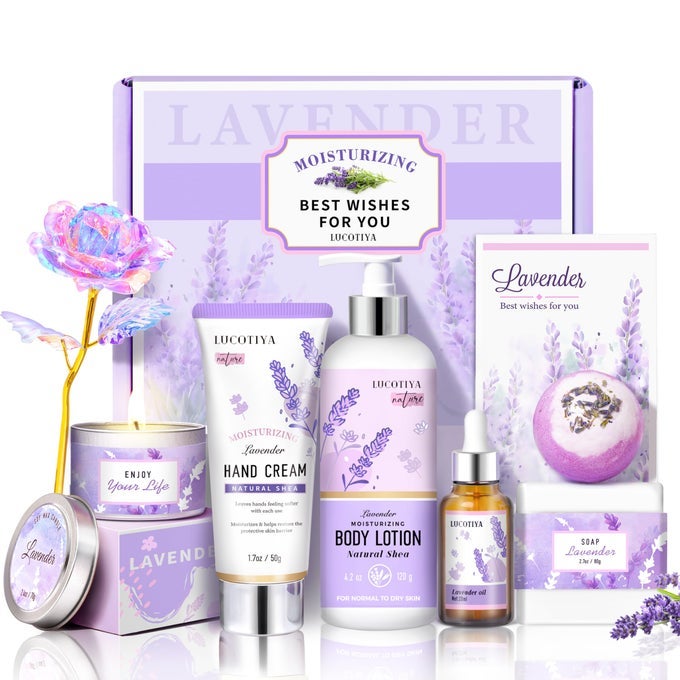 LAVENDER SPA GIFT SET FOR HERHAND CREAMLAVENDER ESSENTIAL OILBODY BUTTER LAVENDER SCENTED CANDLEBATH BOMBSSOAP