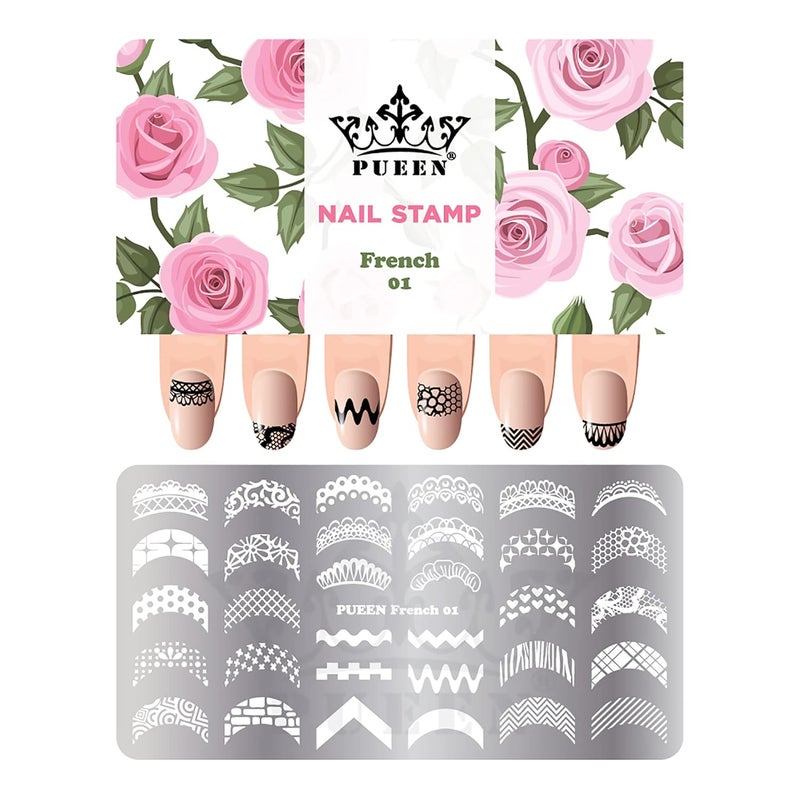 PUEEN Nail Art Stamping Plate -French 01-125x65mm Unique Nailart Polish Stamping Manicure Image Plates Accessories DIY Nails - BH000916