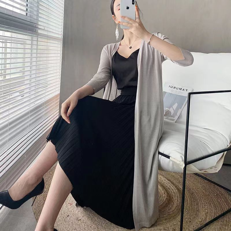 Ice Silk Knitted Cardigan Womens Sun Protection Clothing Mid-length Sleeve Summer Thin Shawl Outer Wear Loose Air-conditioning Shirt Jacket Grey