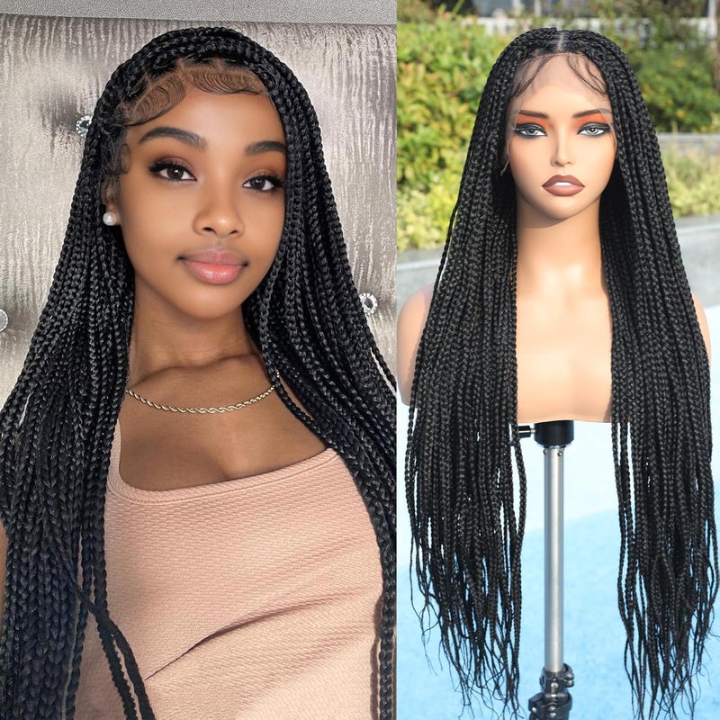 FAVE 36" Knotless Braided Wigs Box Braid Wig with Baby Hair Full Double Lace Braided Wigs for Black Women Knotless Braid Wig for Daily Use (1B)