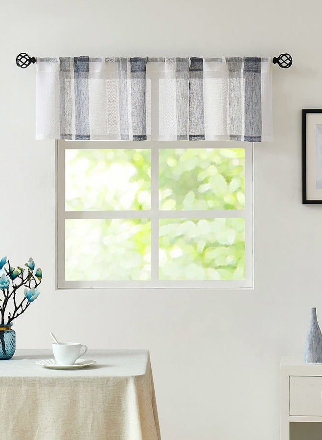 Central Park Navy and White Kitchen Window Curtain Valance Vertical Stripe Sheer Boucle Linen Window Curtain, Living Room Decorative Rod Pocket (54" W x 15" L) Rustic Living Panels - Image 1