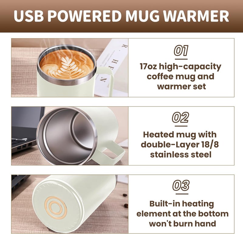 DEQIANG Self Heating Coffee Mug, Heated Coffee Mug with Smart Mug Warmer & Ergonomic Handle, Auto Heat to 131°F, USB-Powered Desk Warmer for Office Home Use, Gifts for Dad Mom (17oz White) - Image 2