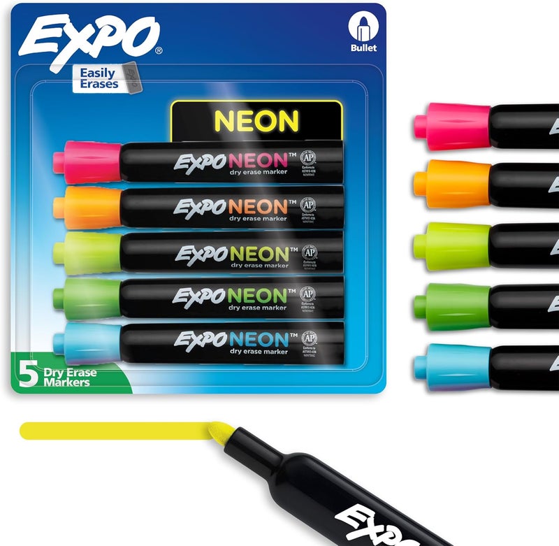 Expo Dry Erase Neon Markers Bullet Tip Dry Erase Markers Whiteboard Markers, Assorted Colors, 5 Count - Image 1