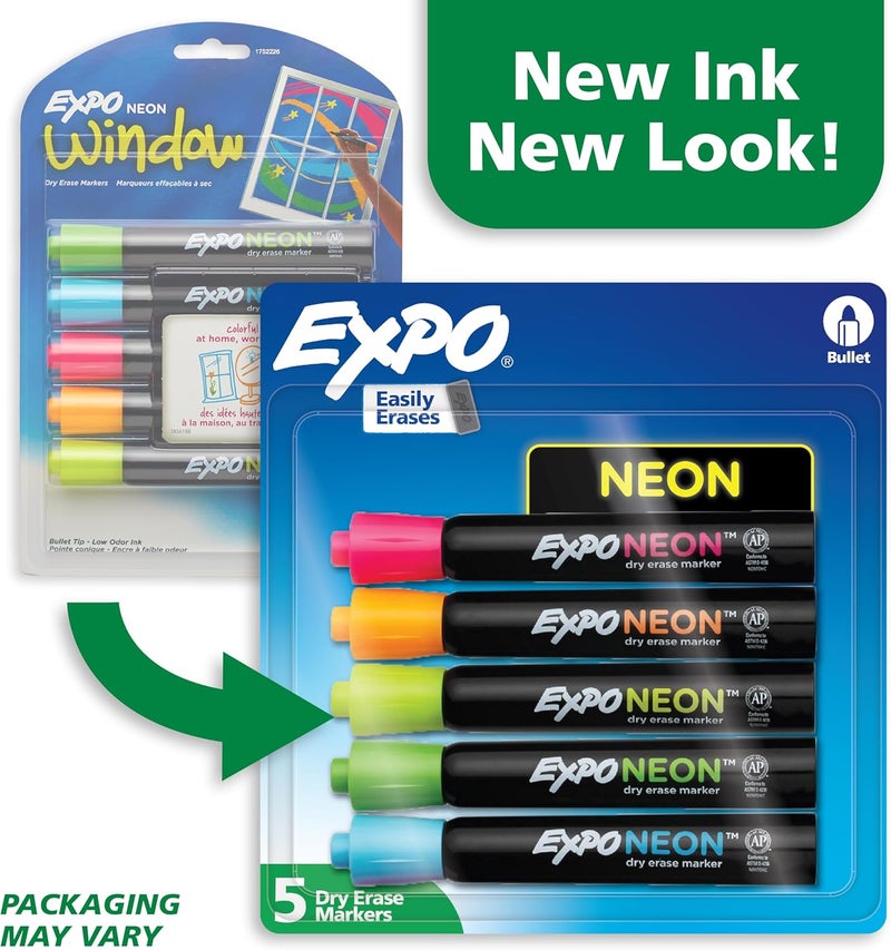 Expo Dry Erase Neon Markers Bullet Tip Dry Erase Markers Whiteboard Markers, Assorted Colors, 5 Count - Image 2