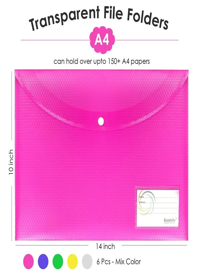Shuban Transparent File Folder Set with Button Lock for A4 Size Documents File Storage Bag -Assorted Color (6 Pcs - Mix Color) - Image 3